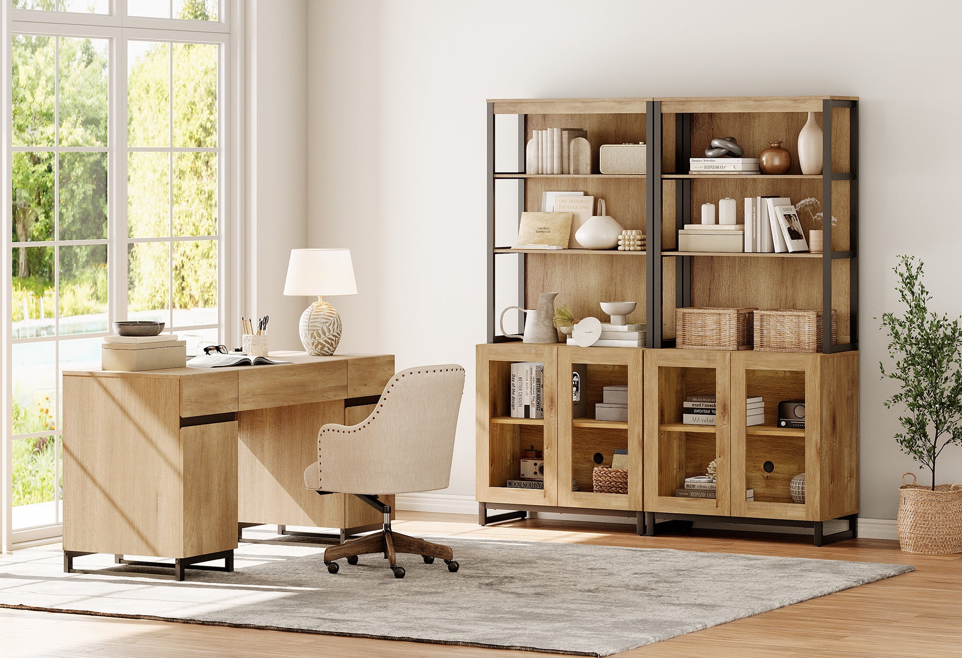 WAMPAT Home Office Furniture Set: 59" Executive Desk with Charging Station and Storage Cabinet, Two 72" Tall Bookcase, Modern Computer Desk and Library Shelf for Work Study, Oak
