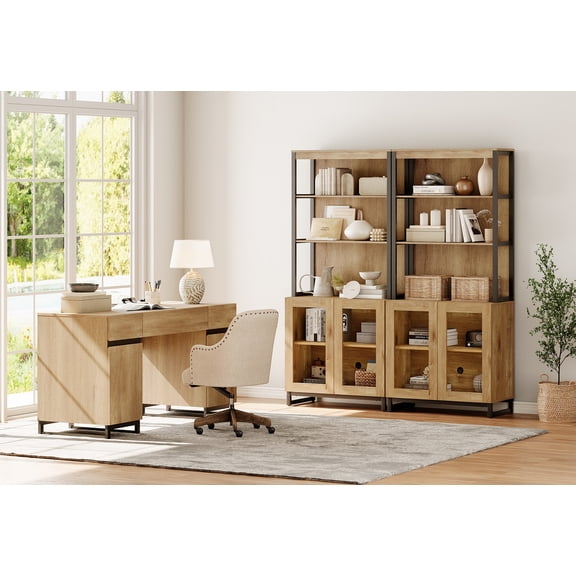 WAMPAT Home Office Furniture Set: 59" Executive Desk with Charging Station and Storage Cabinet, Two 72" Tall Bookcase, Modern Computer Desk and Library Shelf for Work Study, Oak