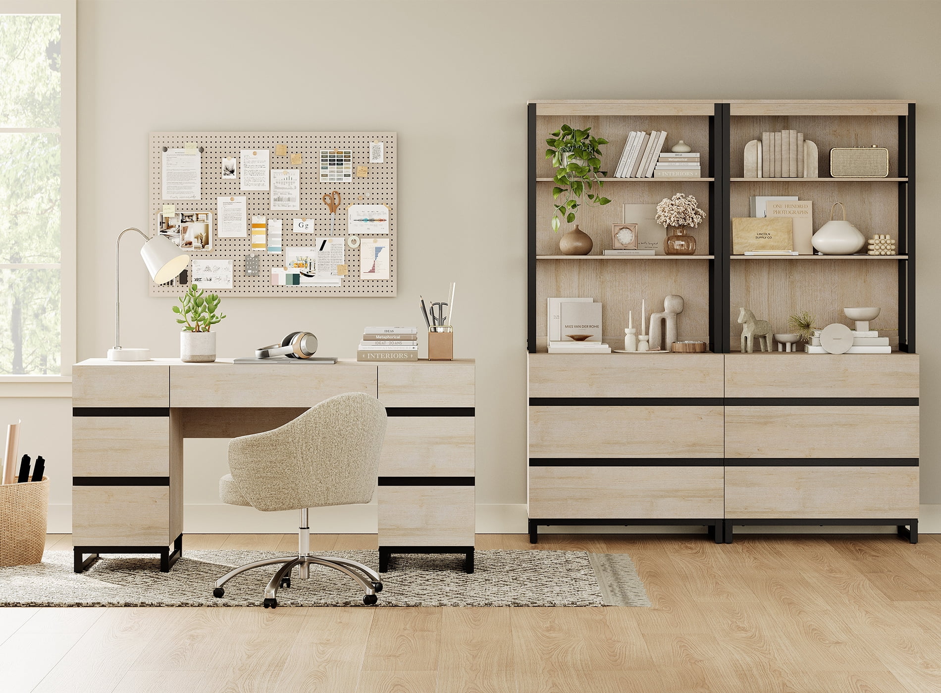 WAMPAT Home Office Furniture Set: 59in Modern Executive Desk with Charging Station and Drawers and 2 PCS 72in Tall Bookcases with 6 Drawers, Home Office Furniture for Living Room, Bedroom, Beige