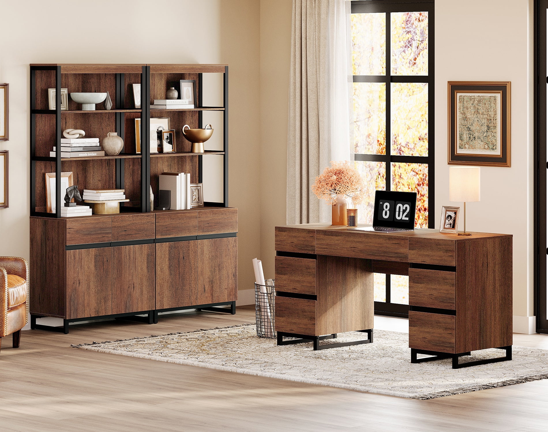 WAMPAT Home Office Furniture Set: 59in Modern Executive Desk with Charging Station & Drawers and 2 PCS 72in Tall Bookcases with Storage Cabinet, Home Office Furniture for Living Room, Brown