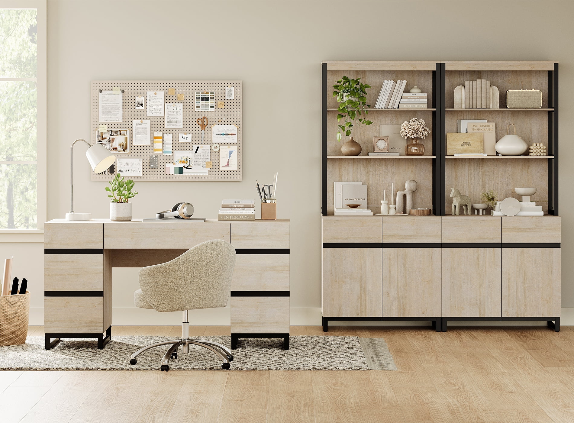 WAMPAT Home Office Furniture Set: 59in Modern Executive Desk with Charging Station & Drawers and 2 PCS 72in Tall Bookcases with Storage Cabinet, Home Office Furniture for Living Room, Beige