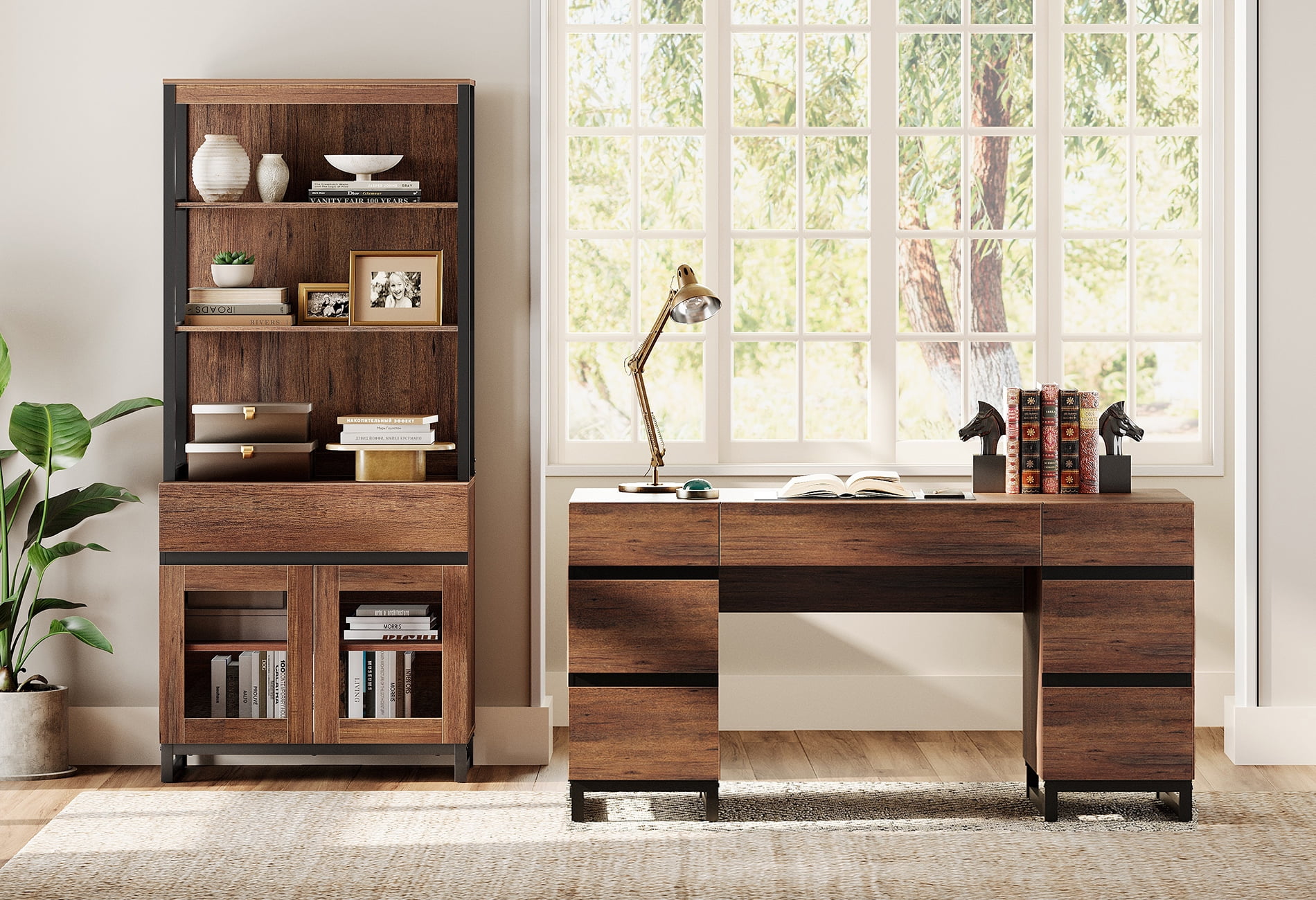 WAMPAT Home Office Furniture Set: 59in Modern Executive Desk with Charging Station & Drawers and 72in Tall Bookcase with Storage Cabinet, Home Office Furniture for Living Room, Brown