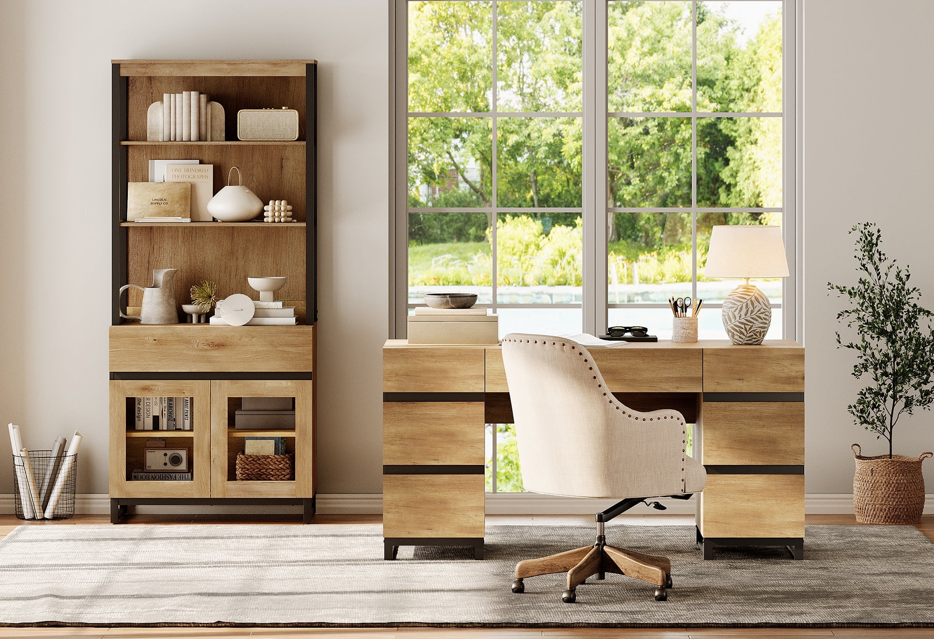 WAMPAT Home Office Furniture Set: 59in Modern Executive Desk with Charging Station & Drawers and 72in Tall Bookcases with Storage Cabinet, Home Office Furniture for Living Room, Oak