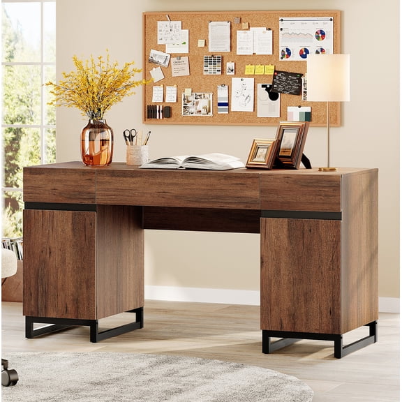 WAMPAT Home Office Furniture Set: 59in Modern Executive Desk with Charging Station and Drawers and Three 72in Tall Bookcases, Home Office Furniture for Living Room, Bedroom, Brown