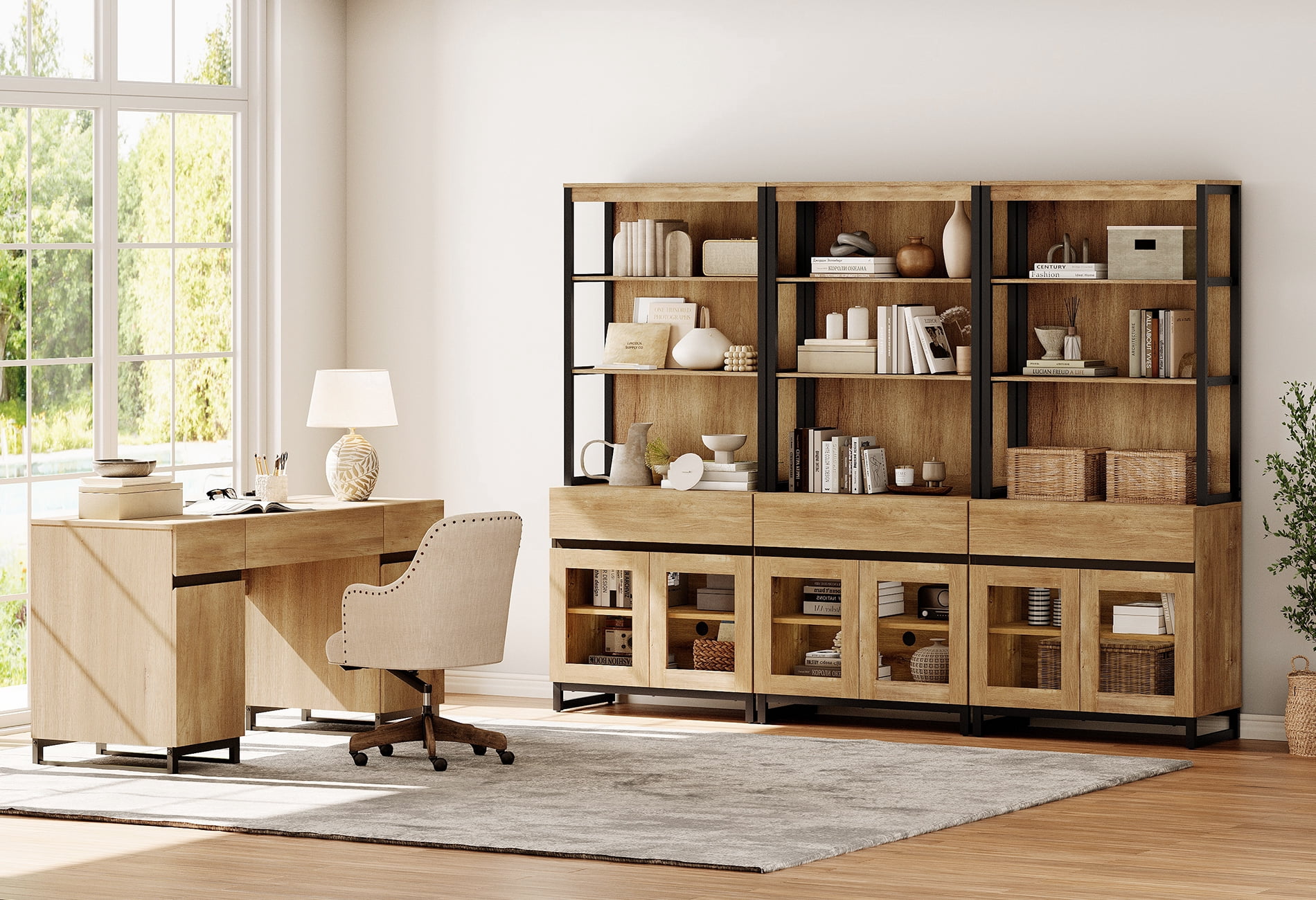 WAMPAT Home Office Furniture Set: 59in Modern Executive Desk with Charging Station and Drawers and Three 72in Tall Bookcases , Home Office Furniture for Living Room, Bedroom, Oak