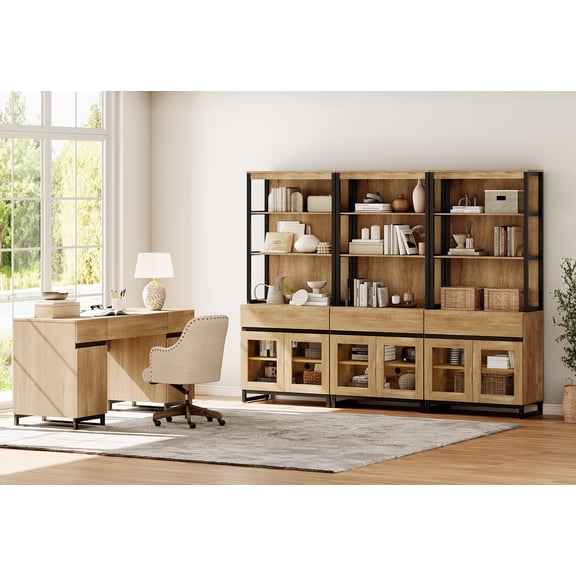 WAMPAT Home Office Furniture Set: 59in Modern Executive Desk with Charging Station and Drawers and Three 72in Tall Bookcases , Home Office Furniture for Living Room, Bedroom, Oak