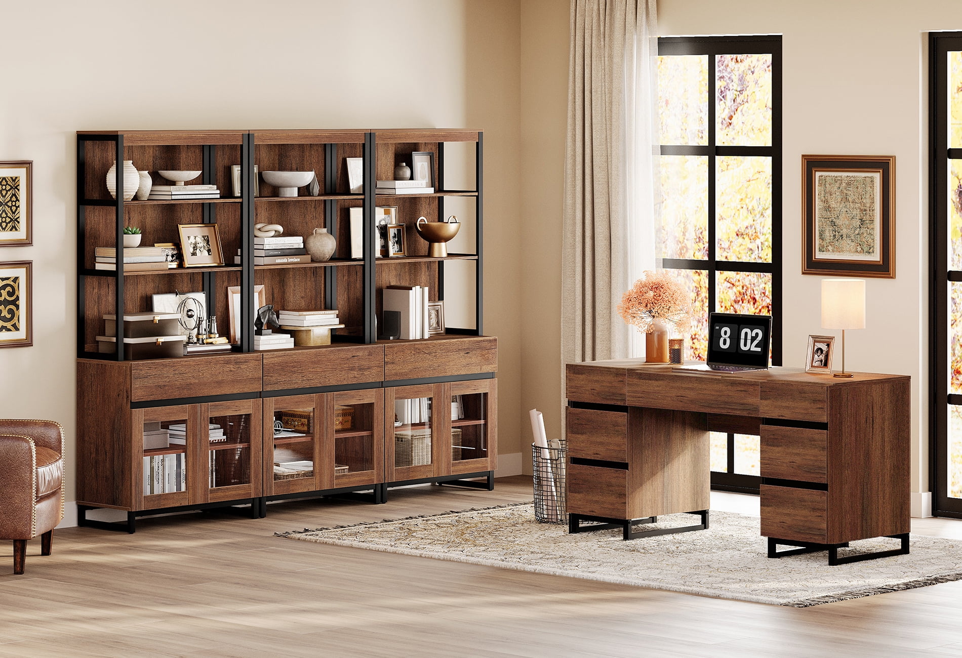 WAMPAT Home Office Furniture Set: 59in Modern Executive Desk with Charging Station & Drawers and Three 72in Tall Bookcases with Storage Cabinet, Home Office Furniture for Living Room, Brown