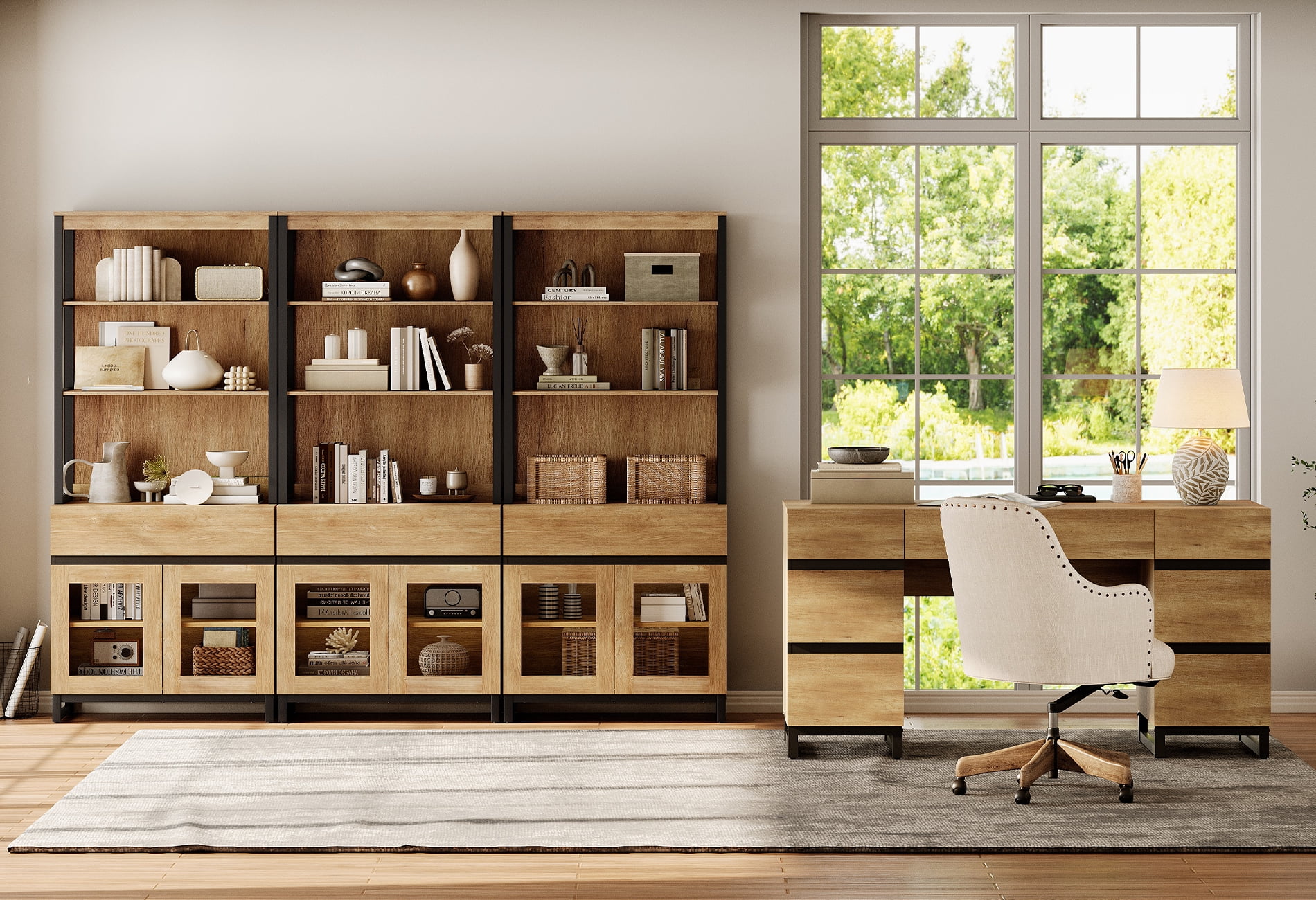 WAMPAT Home Office Furniture Set: 59in Modern Executive Desk with Charging Station & Drawers and Three 72in Tall Bookcases with Storage Cabinet, Home Office Furniture for Living Room, Oak
