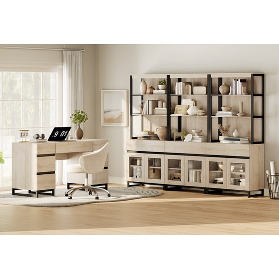 WAMPAT Home Office Furniture Set: 59in Modern Executive Desk with Charging Station & Drawers and Three 72in Tall Bookcases with Storage Cabinet, Home Office Furniture for Living Room, Beige