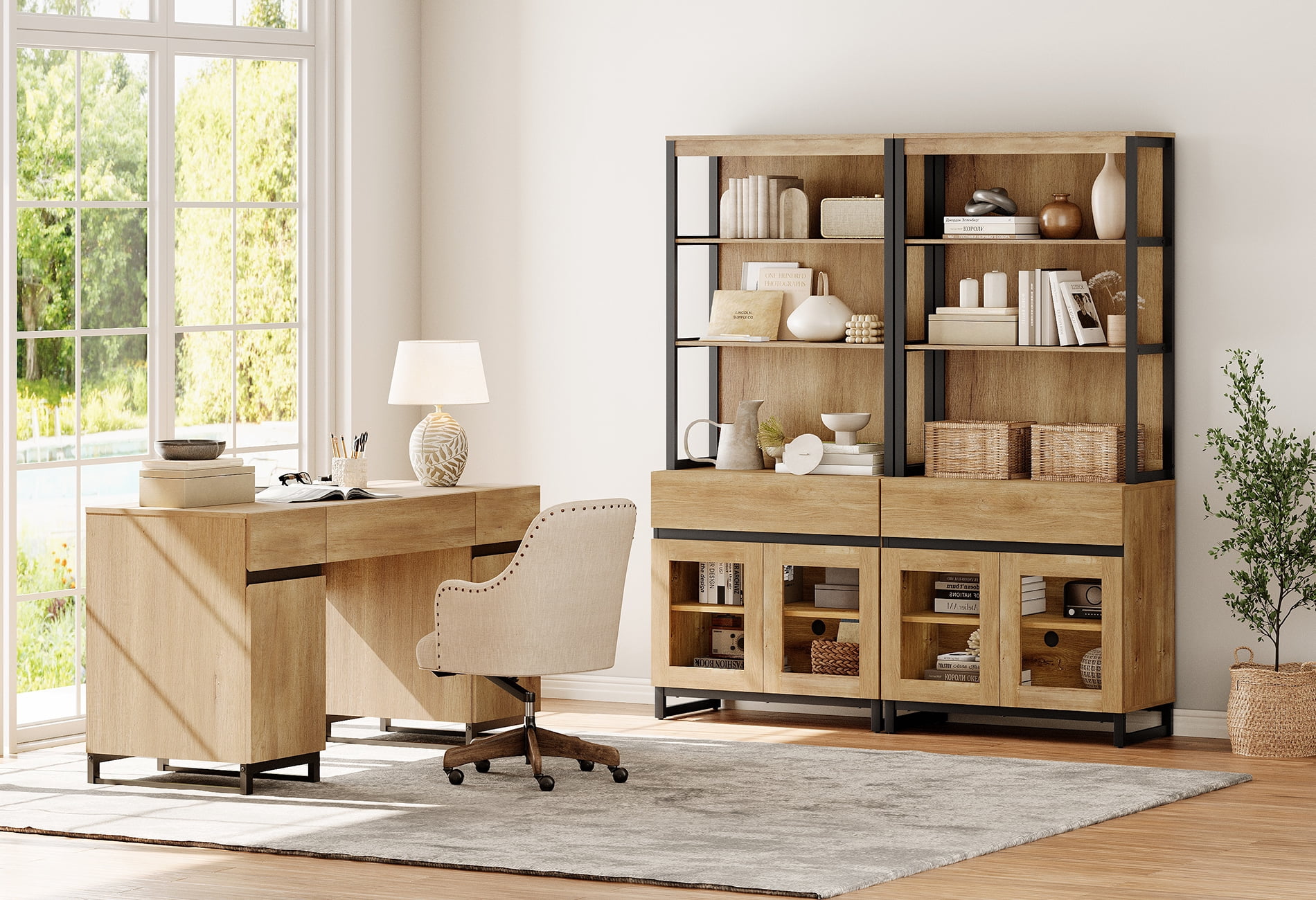WAMPAT Home Office Furniture Set: 59in Modern Executive Desk with Charging Station and Drawers and Two 72in Tall Bookcases , Home Office Furniture for Living Room, Bedroom, Oak