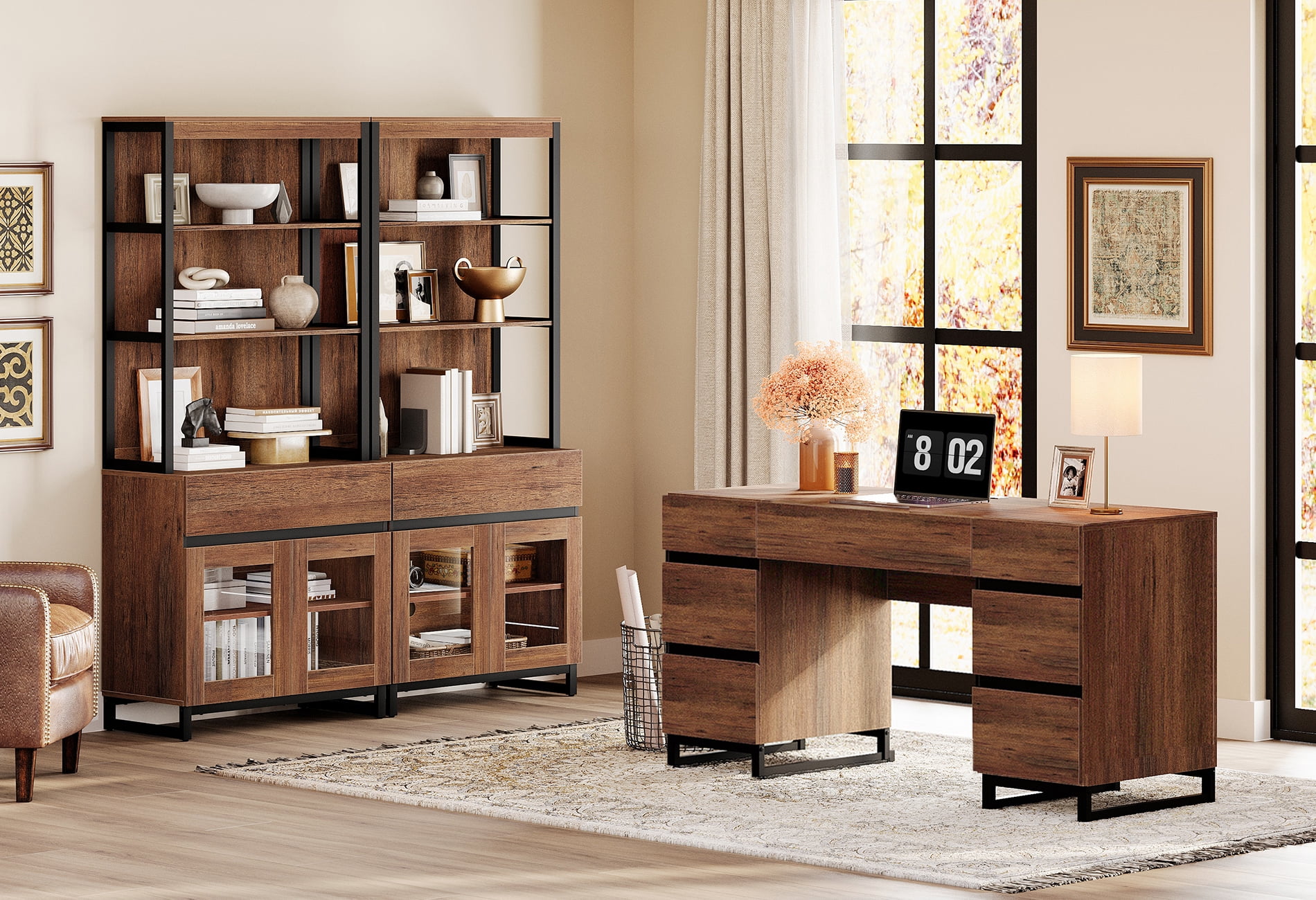 WAMPAT Home Office Furniture Set: 59in Modern Executive Desk with Charging Station & Drawers and Two 72in Tall Bookcases with Storage Cabinet, Home Office Furniture for Living Room, Brown
