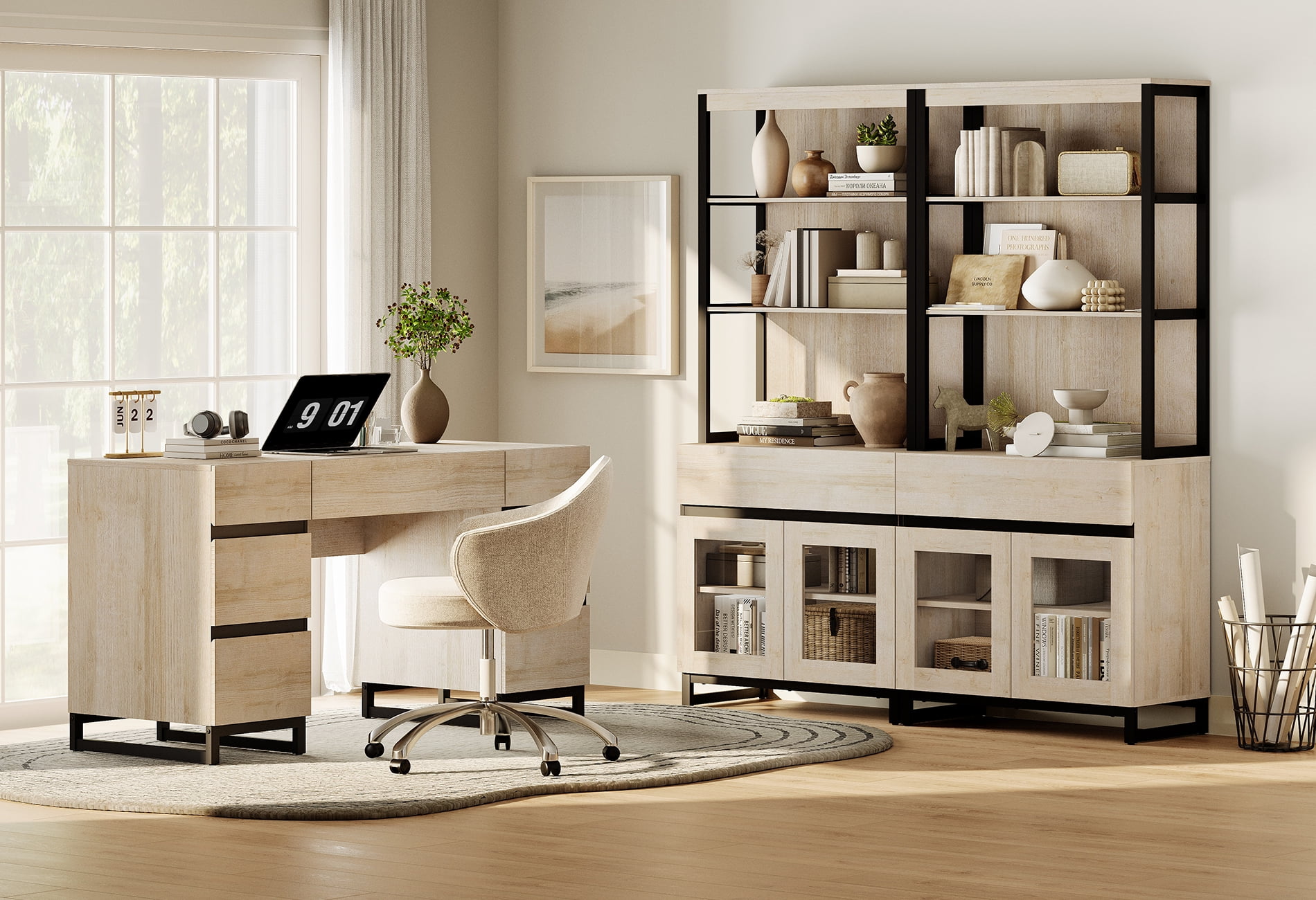 WAMPAT Home Office Furniture Set: 59in Modern Executive Desk with Charging Station & Drawers and Two 72in Tall Bookcases with Storage Cabinet, Home Office Furniture for Living Room, Beige