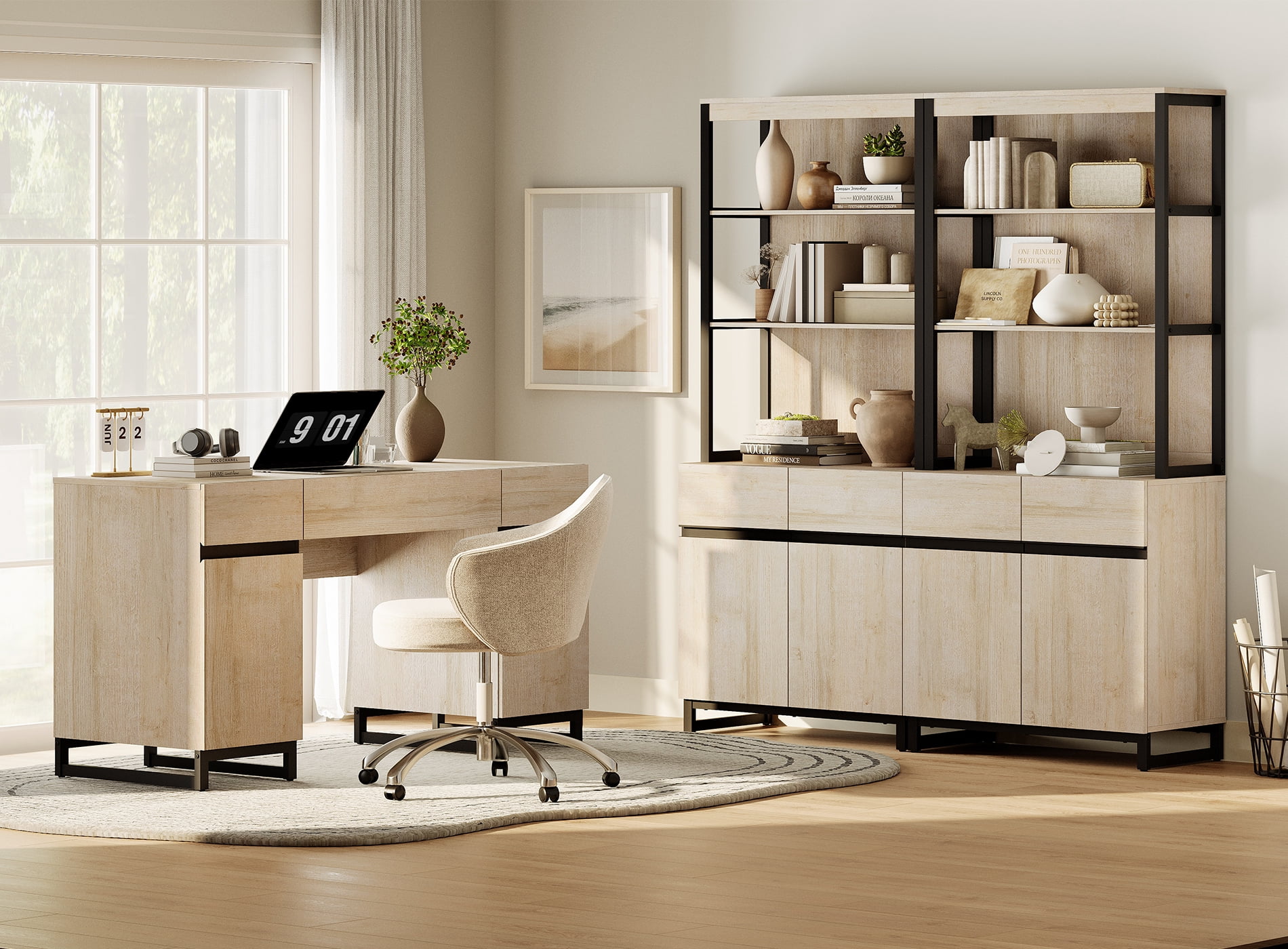 WAMPAT Home Office Set: 59" Modern Desk with Charging Station and Storage Cabinet, 72" Tall Bookcases with Adjustable Shelves, Wood Computer Desk and Library Storage Cabinet for Work Study, Beige