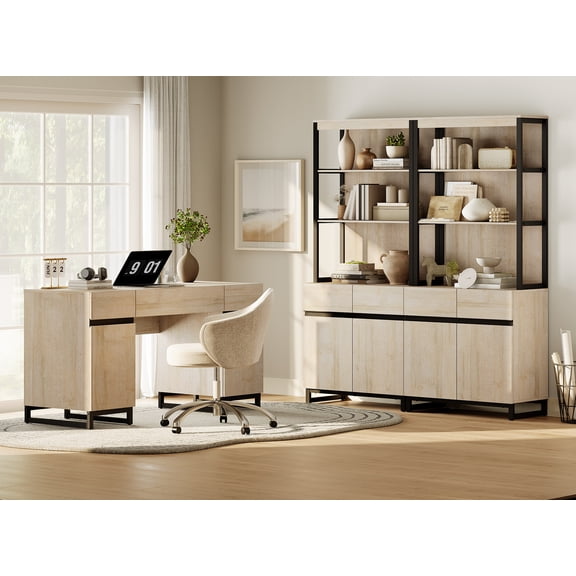 WAMPAT Home Office Set: 59" Modern Desk with Charging Station and Storage Cabinet, 72" Tall Bookcases with Adjustable Shelves, Wood Computer Desk and Library Storage Cabinet for Work Study, Beige