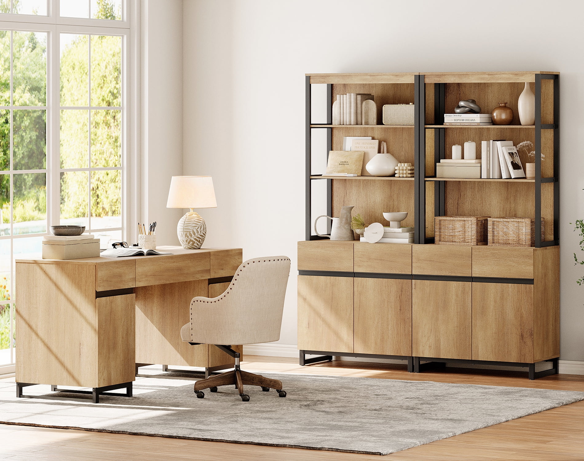 WAMPAT Home Office Set: 59" Modern Desk with Charging Station and Storage Cabinet, 72" Tall Bookcases with Adjustable Shelves, Wood Computer Desk and Library Storage Cabinet for Work Study, Oak