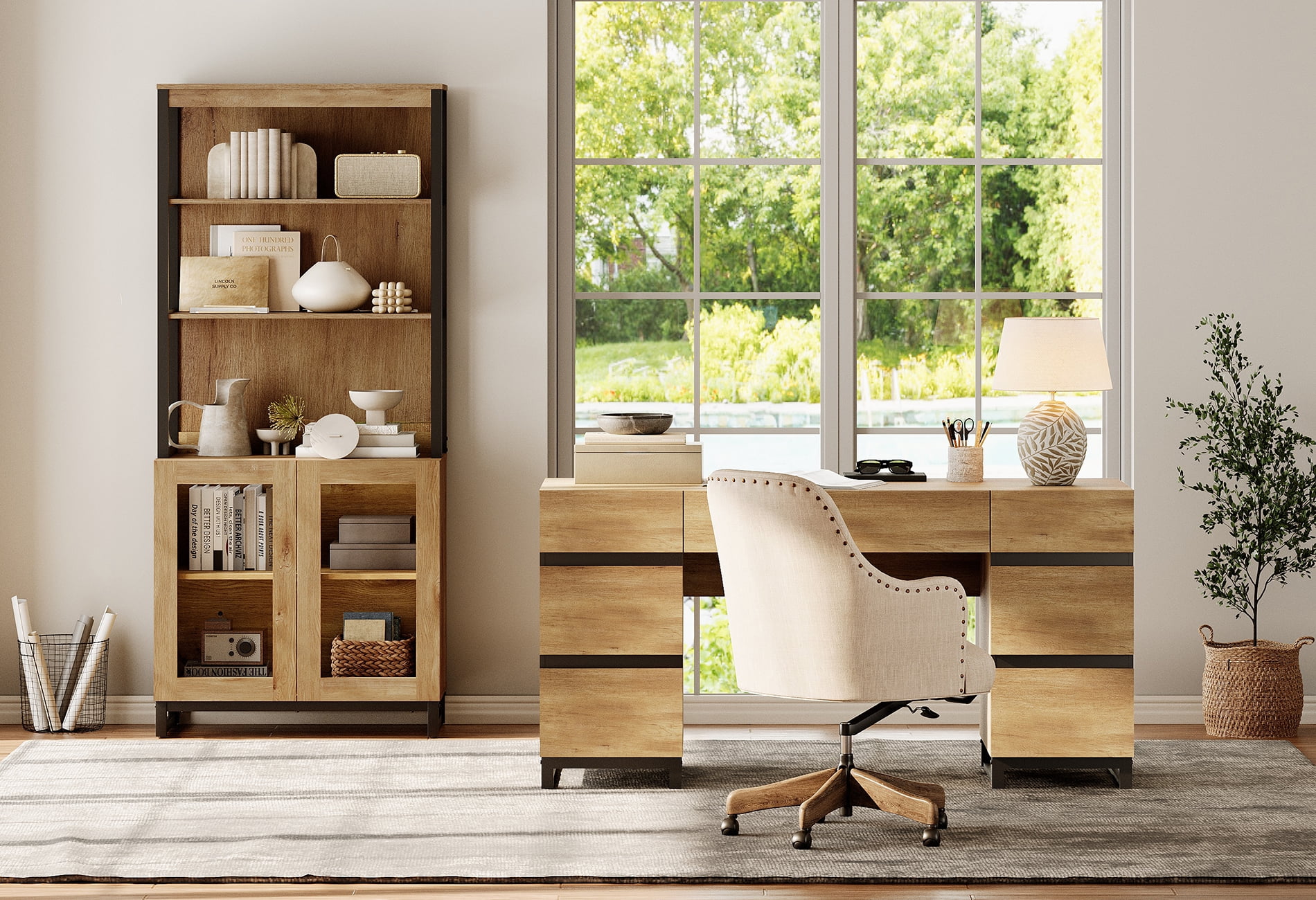 WAMPAT Home Office Set: 59" Modern Desk with Charging Station and Storage Cabinet, 72" Tall Bookcases with Adjustable Shelves, Wood Computer Desk and Library Storage Cabinet for Work Study, Oak