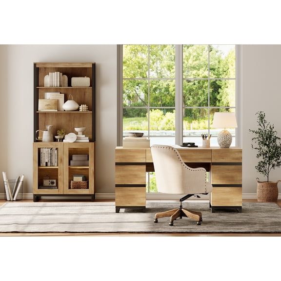 WAMPAT Home Office Set: 59" Modern Desk with Charging Station and Storage Cabinet, 72" Tall Bookcases with Adjustable Shelves, Wood Computer Desk and Library Storage Cabinet for Work Study, Oak