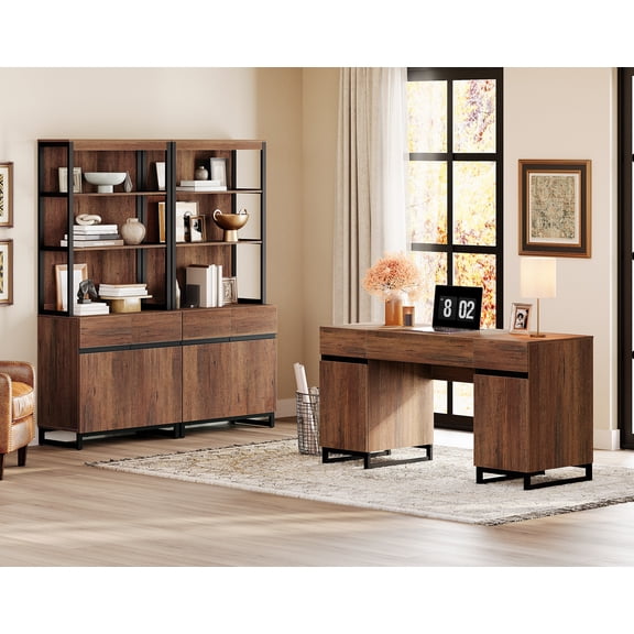 WAMPAT Home Office Set: 59" Modern Desk with Charging Station and Storage Cabinet, 72" Tall Bookcases with Adjustable Shelves, Wood Computer Desk and Library Storage Cabinet for Work Study, Brown