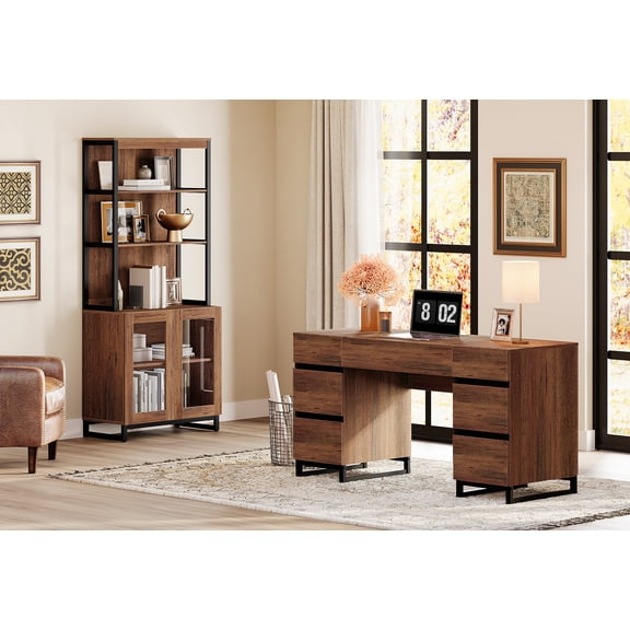 WAMPAT Home Office Set: 59" Modern Desk with Charging Station and Storage Cabinet, 72" Tall Bookcases with Adjustable Shelves, Wood Computer Desk and Library Storage Cabinet for Work Study, Brown