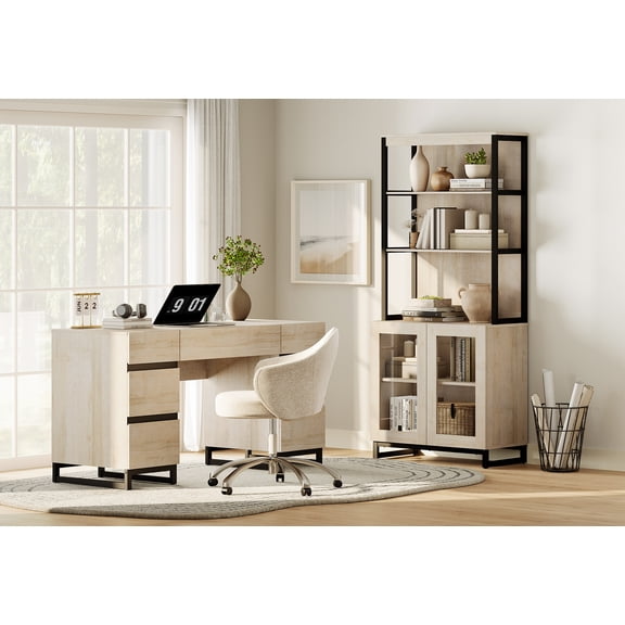 WAMPAT Home Office Set: 59" Modern Desk with Charging Station and Storage Cabinet, 72" Tall Bookcases with Adjustable Shelves, Wood Computer Desk and Library Storage Cabinet for Work Study, Beige