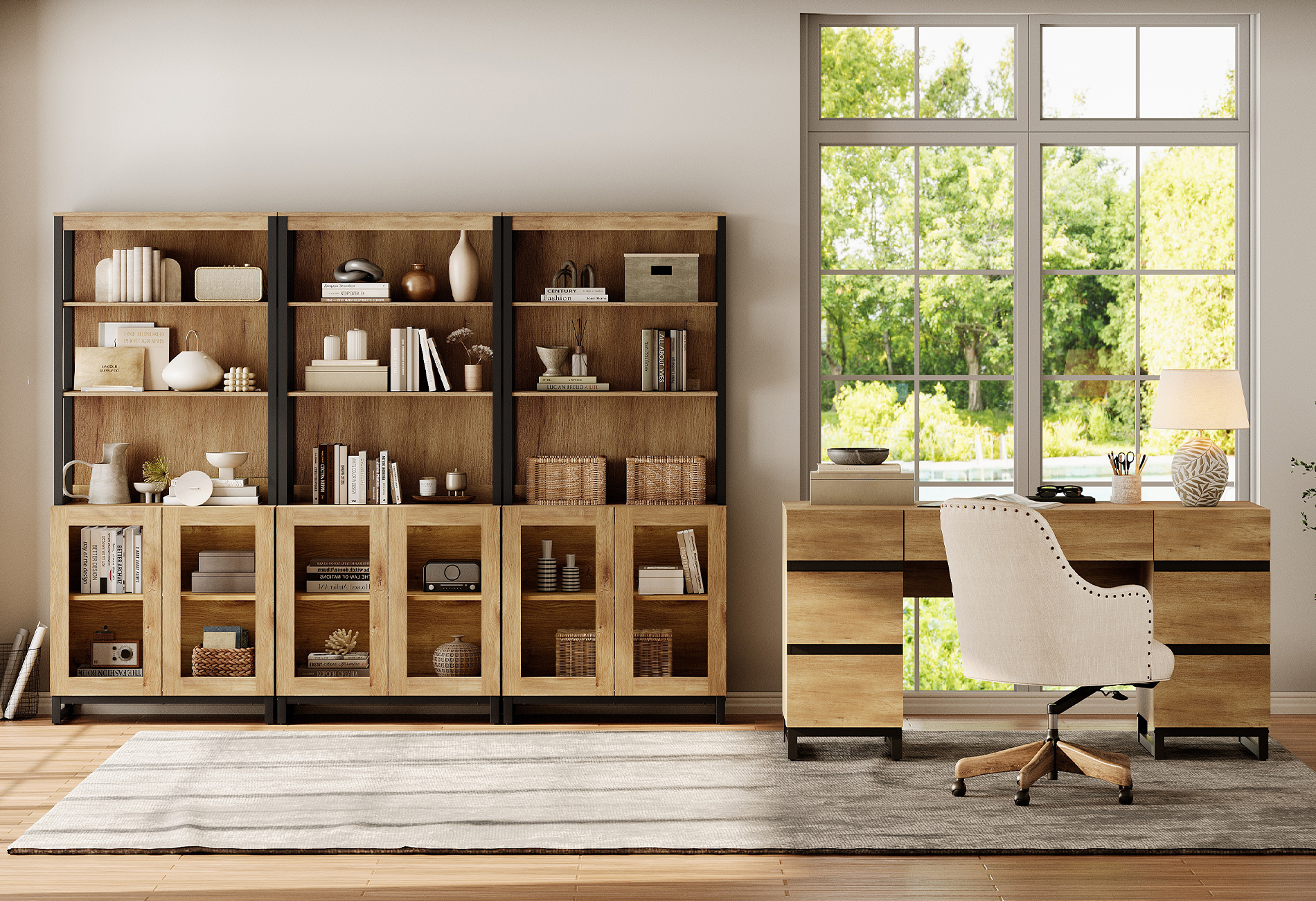 WAMPAT Home Office Set: 59" Modern Desk with Charging Station and Storage Cabinet, Three 72" Tall Bookcases with Adjustable Shelves, Wood Computer Desk and Library Storage Cabinet for Work Study, Oak
