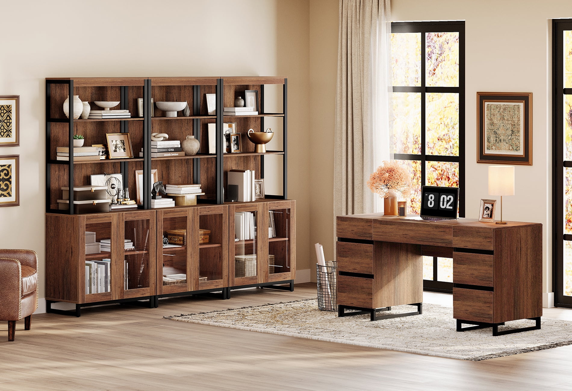 WAMPAT Home Office Set: 59" Modern Desk with Charging Station and Storage Cabinet,Three 72" Tall Bookcases with Adjustable Shelves, Wood Computer Desk and Library Storage Cabinet for Work Study,Brown
