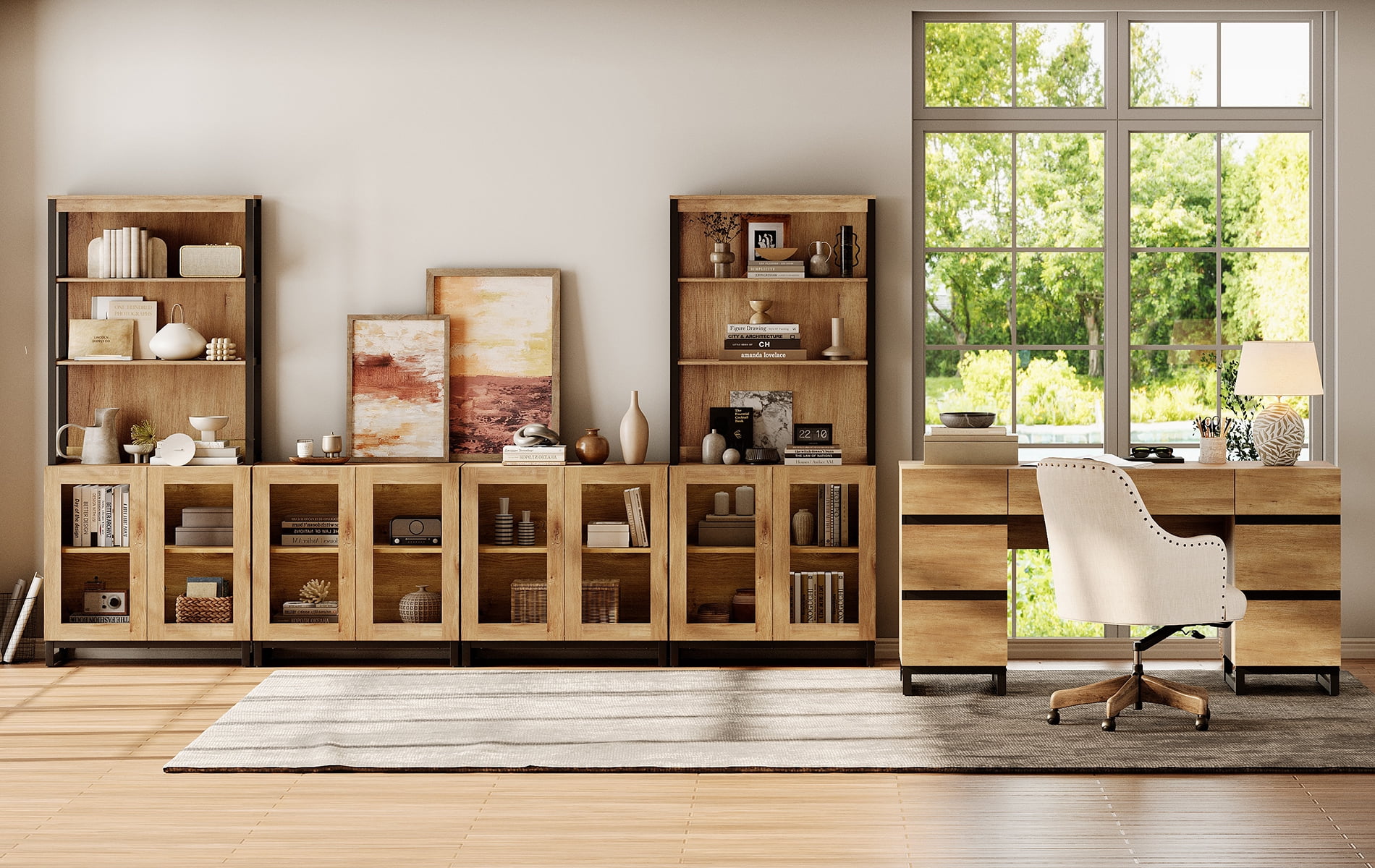 WAMPAT Home Office Set: 59" Modern Desk with Charging Station and Storage Cabinet, Two 72" Tall Bookcases With 3 Tiers And 4 Cabinets, Wood Computer Desk and Storage Cabinet for Work Study, Oak