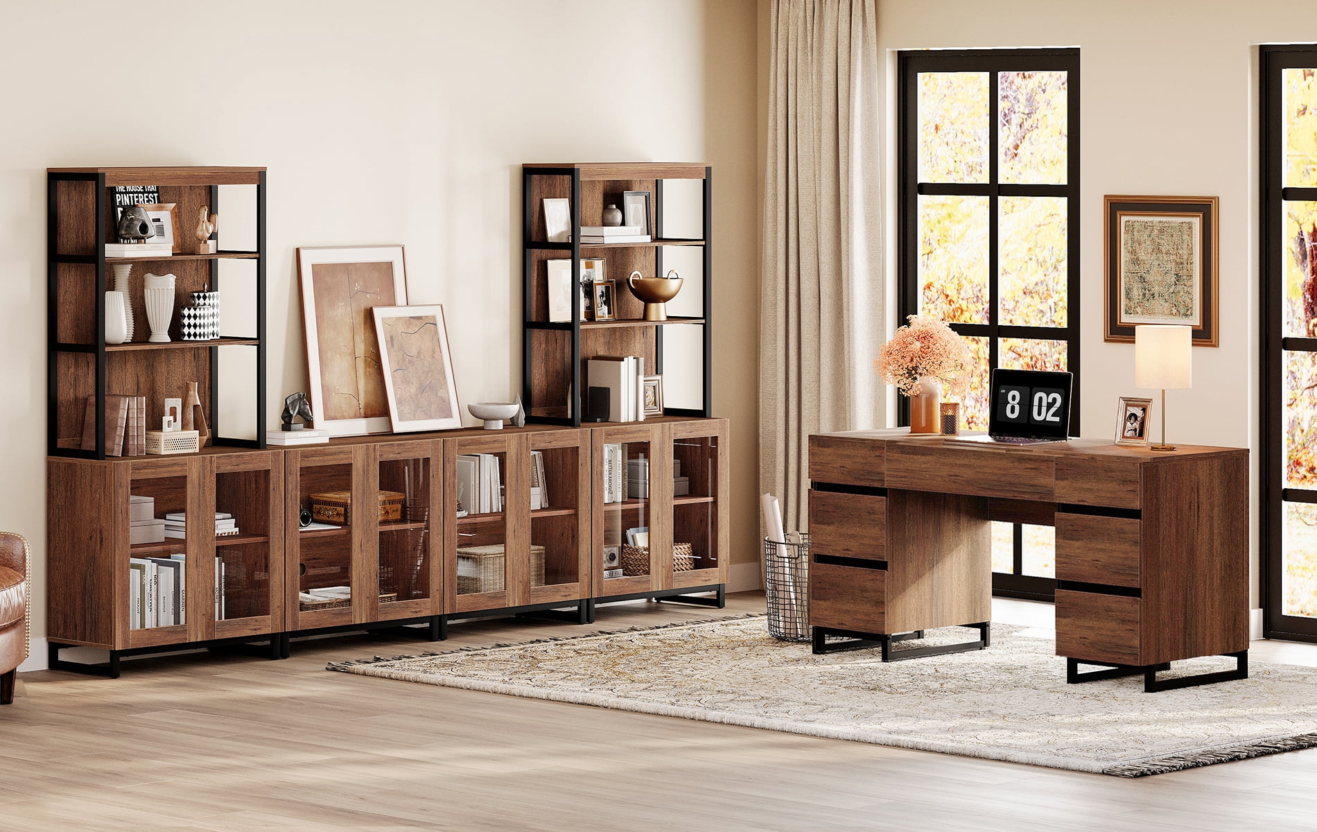 WAMPAT Home Office Set: 59" Modern Desk with Charging Station and Storage Cabinet, Two 72" Tall Bookcases With 3 Tiers And 4 Cabinets, Wood Computer Desk and Storage Cabinet for Work Study, Brown