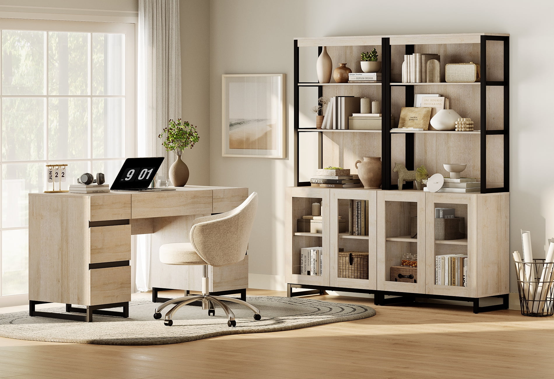 WAMPAT Home Office Set: 59" Modern Desk with Charging Station and Storage Cabinet, Two 72" Tall Bookcases with Adjustable Shelves, Wood Computer Desk and Library Storage Cabinet for Work Study, Beige