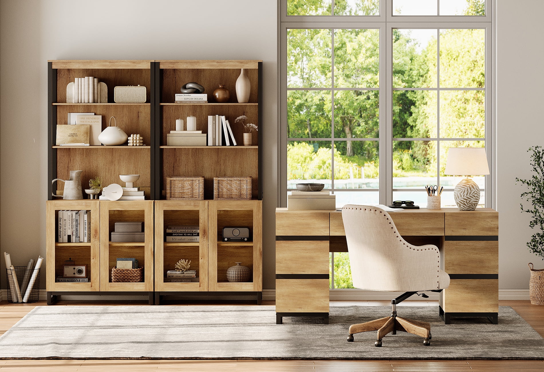 WAMPAT Home Office Set: 59" Modern Desk with Charging Station and Storage Cabinet, Two 72" Tall Bookcases with Adjustable Shelves, Wood Computer Desk and Library Storage Cabinet for Work Study, Oak