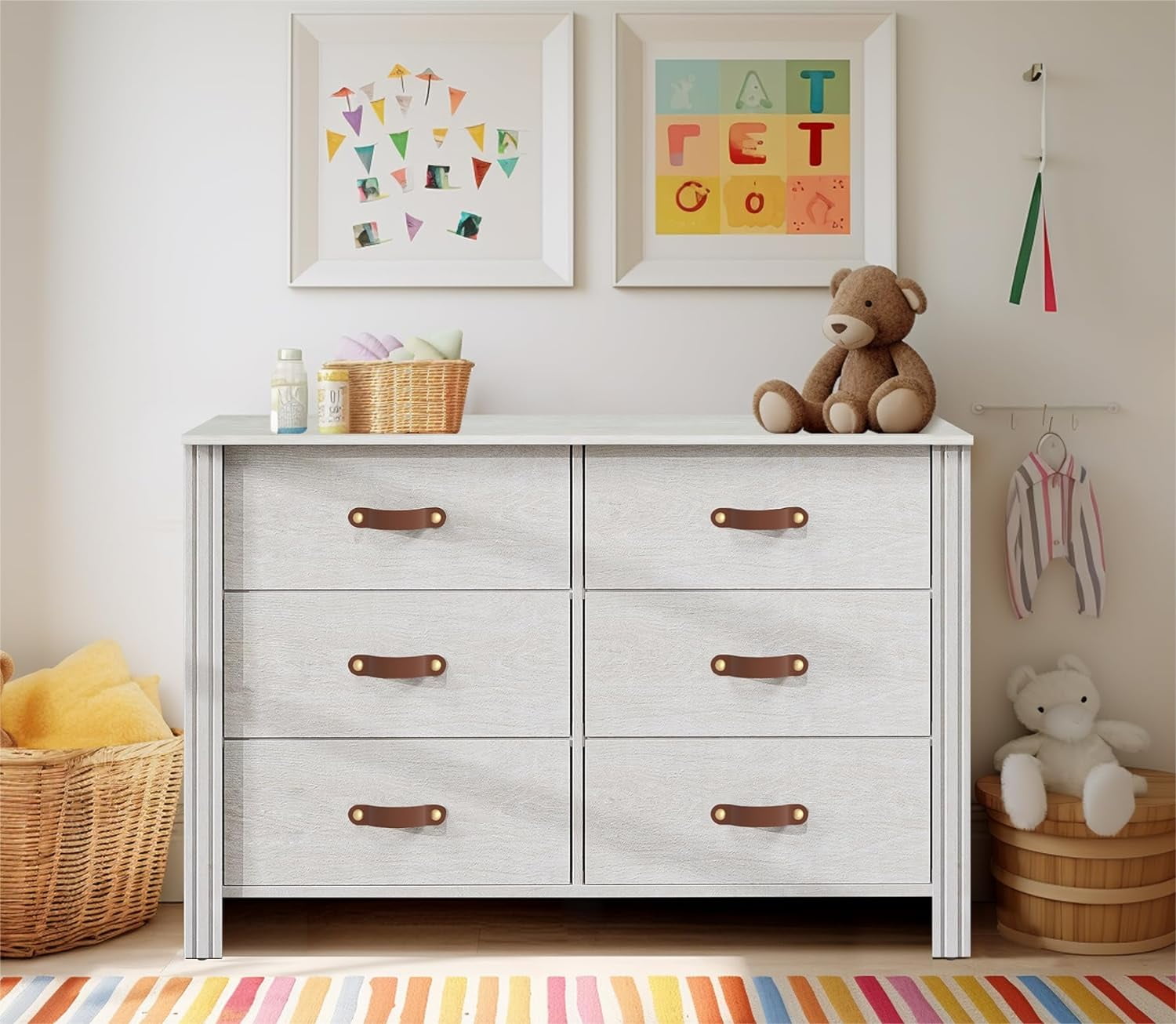 white dresser leather pulls WAMPAT Kids for Bedroom, 6 Drawer Double Dresser With Unique Handles, Baby Closet Storage Organizer Dressers & Chest of Drawers updating dresser hardware