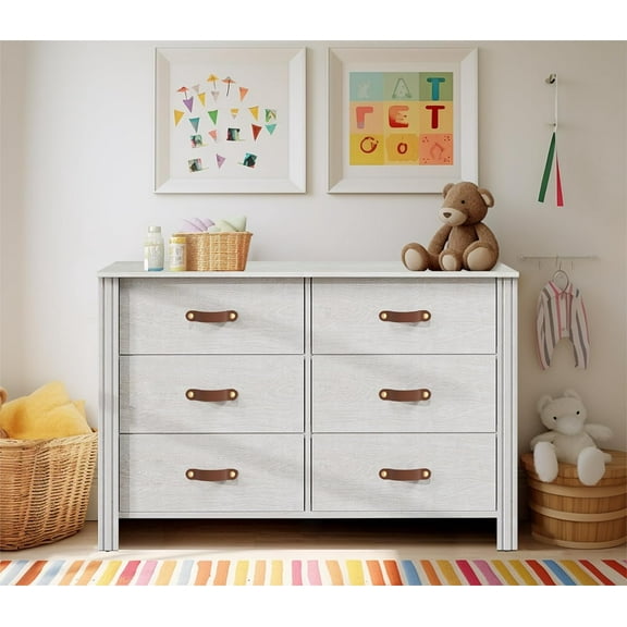WAMPAT Kids Dresser for Bedroom, 6 Drawer White Double Dresser With Unique Leather Handles, Baby Closet Storage Organizer Dressers & Chest of Drawers for Nursery, Living Room, Entryway