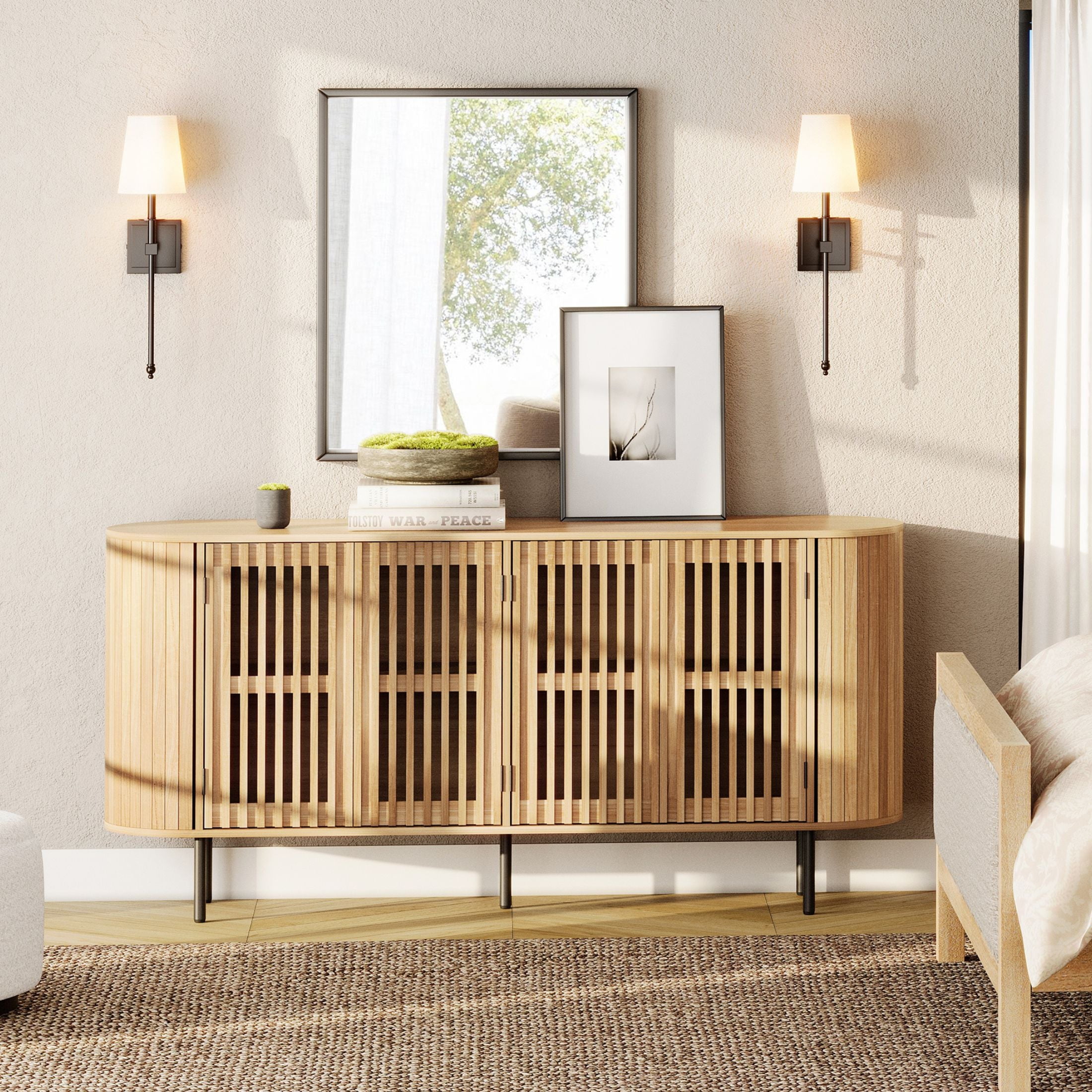 WAMPAT Kitchen Buffet Cabinet with Storage & Fluted Panel, Modern Credenza Coffee Bar for Dining Room Living Room, Curved Design, 64 inch, Oak