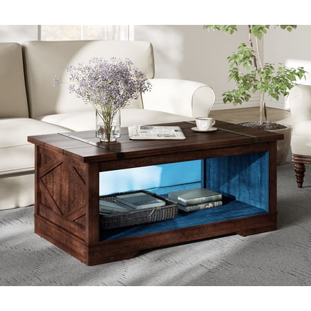 WAMPAT LED Light Farmhouse Coffee Table, Rectangle Wood Center Table with Open Storage for Living Room, 42 Inch, Yellow Light,Rustic Brown