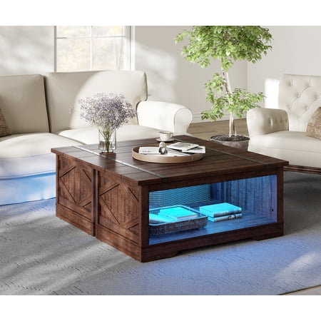 WAMPAT LED Light Modern Farmhouse 2 in 1 Coffee Table, Rectangle Wood Center Table with Open Storage for Living Room, Spliced Wood Desktop, Riveted Metal Bars, Blue Light,Rustic Brown