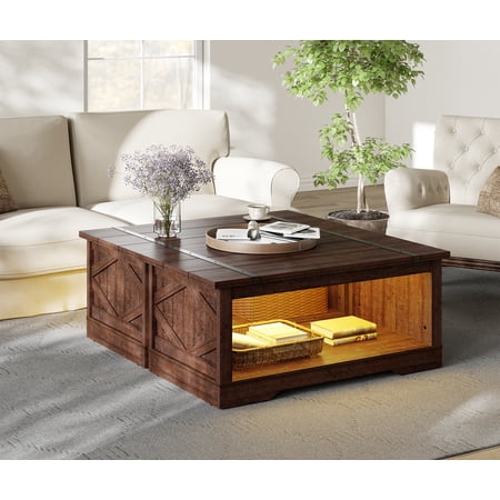 WAMPAT LED Light Modern Farmhouse 2 in 1 Coffee Table, Rectangle Wood Center Table with Open Storage for Living Room, Spliced Wood Desktop, Riveted Metal Bars, Yellow Light,Rustic Brown