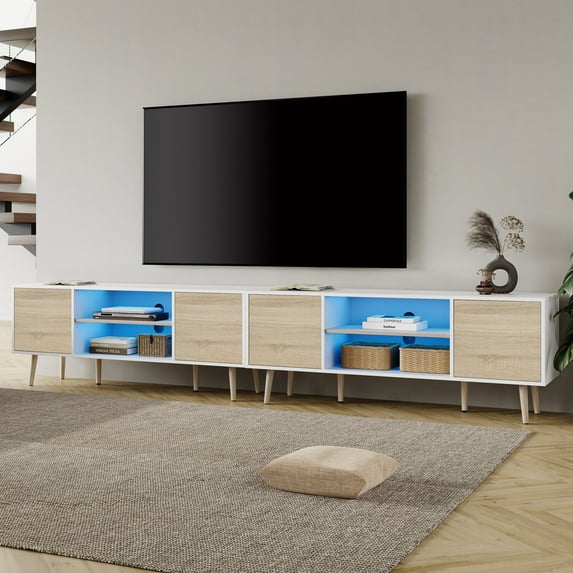 WAMPAT LED Mid Century Modern TV Stand for up to 100 inch 2 in 1 Entertainment Center TV Console with Storage Cabinets Media Console for Living Room,Bedroom,Blue Light,White