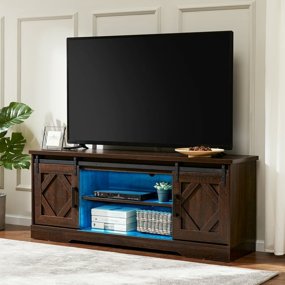 WAMPAT LED TV Stand for up to 65 inch Farmhouse TV Console with Storage for Living Room,Blue Light,Brown