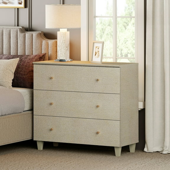 WAMPAT Large 3-Drawer Nightstand, 36" Wide Wooden Bedside Table with Deep Storage, Modern Oversized End Table for Bedroom, Beige Linen Printed