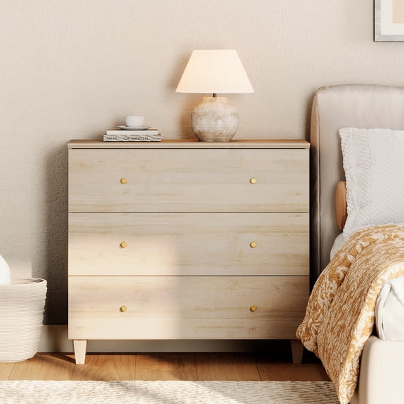WAMPAT Large 3-Drawer Nightstand, 36" Wide Wooden Bedside Table with Deep Storage, Modern Oversized End Table for Bedroom, Natural Oak