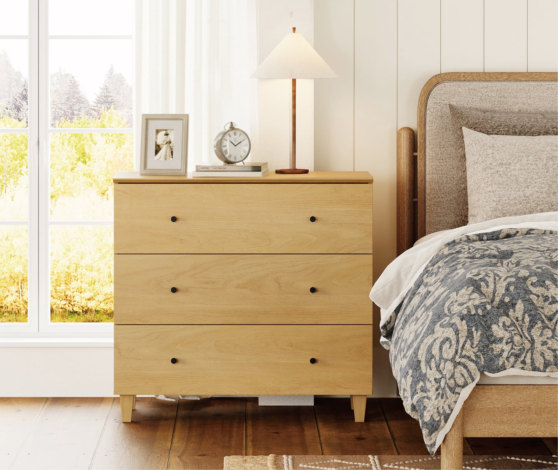 WAMPAT Large 3-Drawer Nightstand, 36" Wide Wooden Bedside Table with Deep Storage, Modern Oversized End Table for Bedroom, Oak Wood
