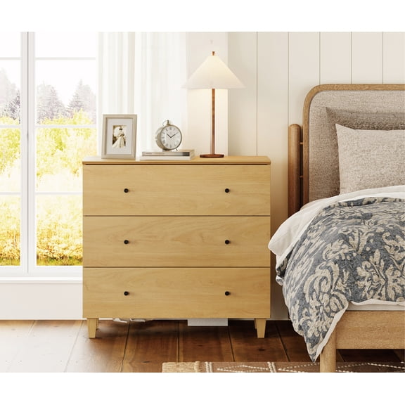 WAMPAT Large 3-Drawer Nightstand, 36" Wide Wooden Bedside Table with Deep Storage, Modern Oversized End Table for Bedroom, Oak Wood