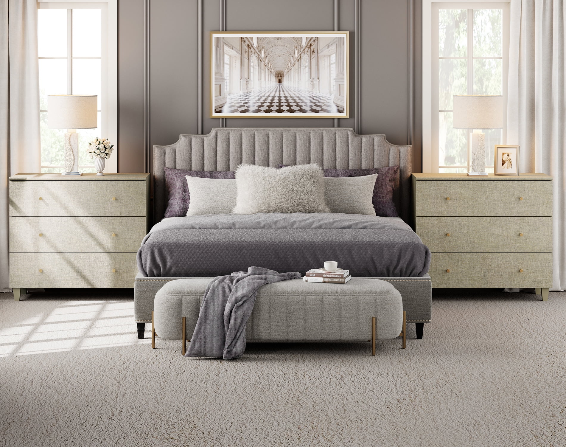 WAMPAT Large 3-Drawer Nightstands Set of 2, 36" Wide Wooden Bedside Tables with Deep Storage, Modern Oversized End Tables for Bedroom, Beige Linen Printed