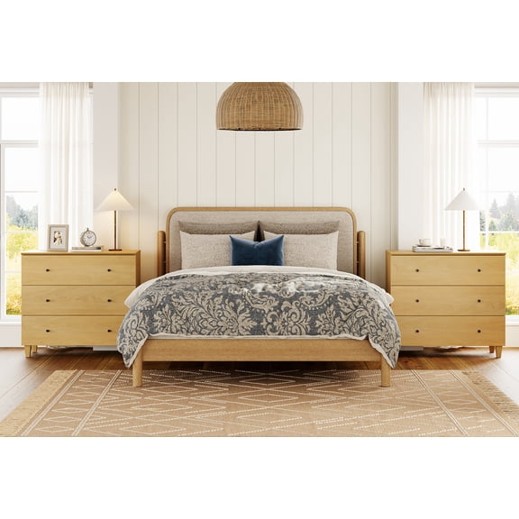 WAMPAT Large 3-Drawer Nightstands Set of 2, 36" Wide Wooden Bedside Tables with Deep Storage, Modern Oversized End Tables for Bedroom, Oak Wood