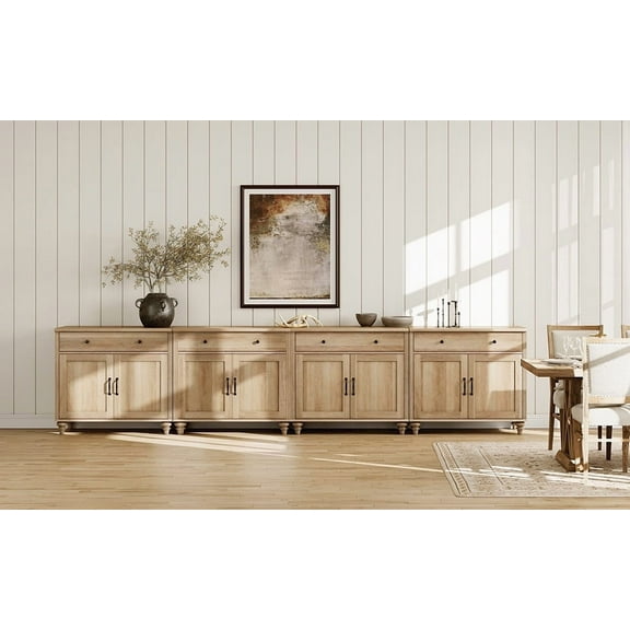 WAMPAT Large Buffet Cabinet, Modern Coffee Bar Table Wood Kitchen Storage Cabinets, Farmhouse Sideboard Credenza for Dining Room, Oak