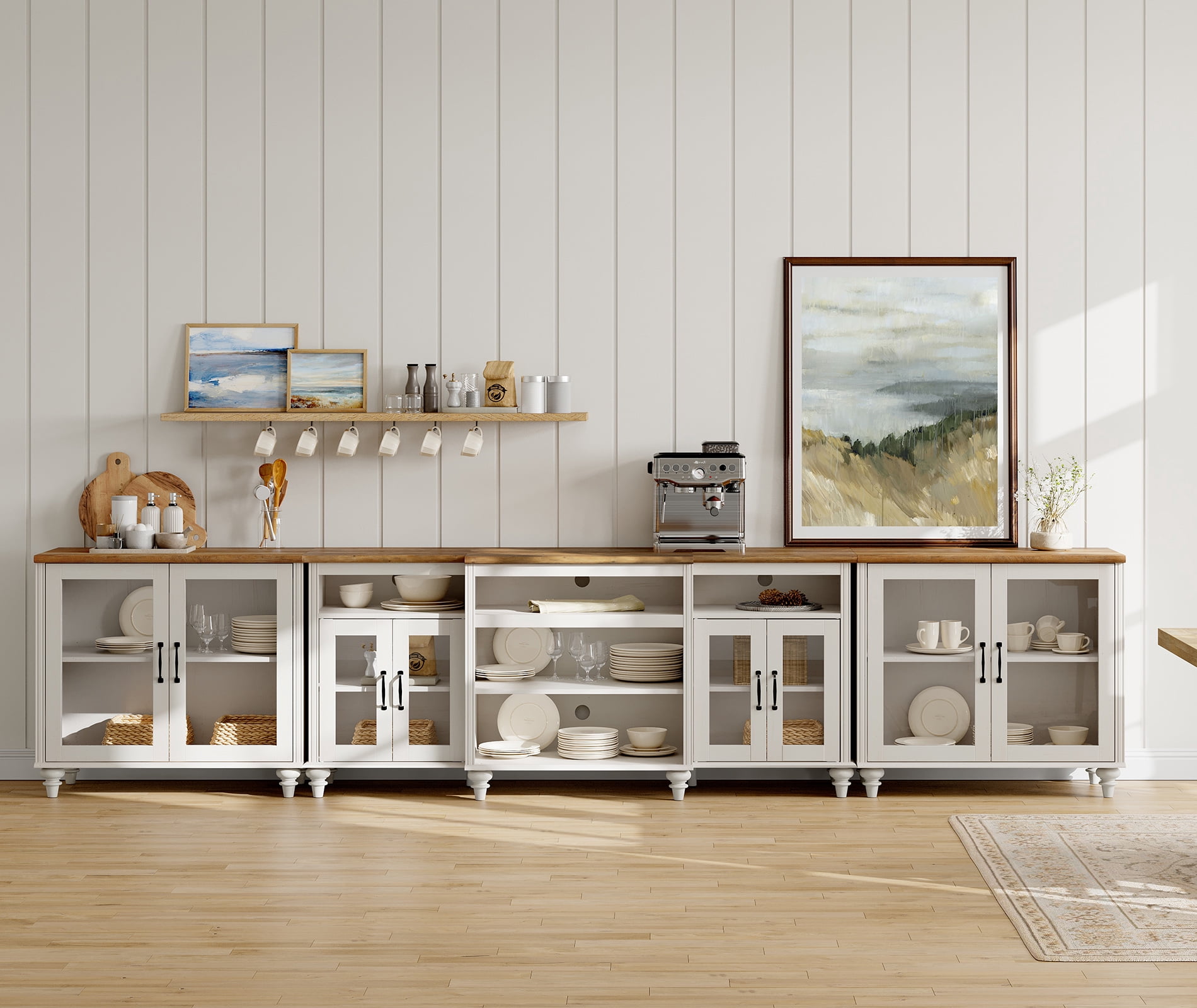 WAMPAT Large Buffet Cabinet with Glass Door Cabinet for Dining Room, Off White