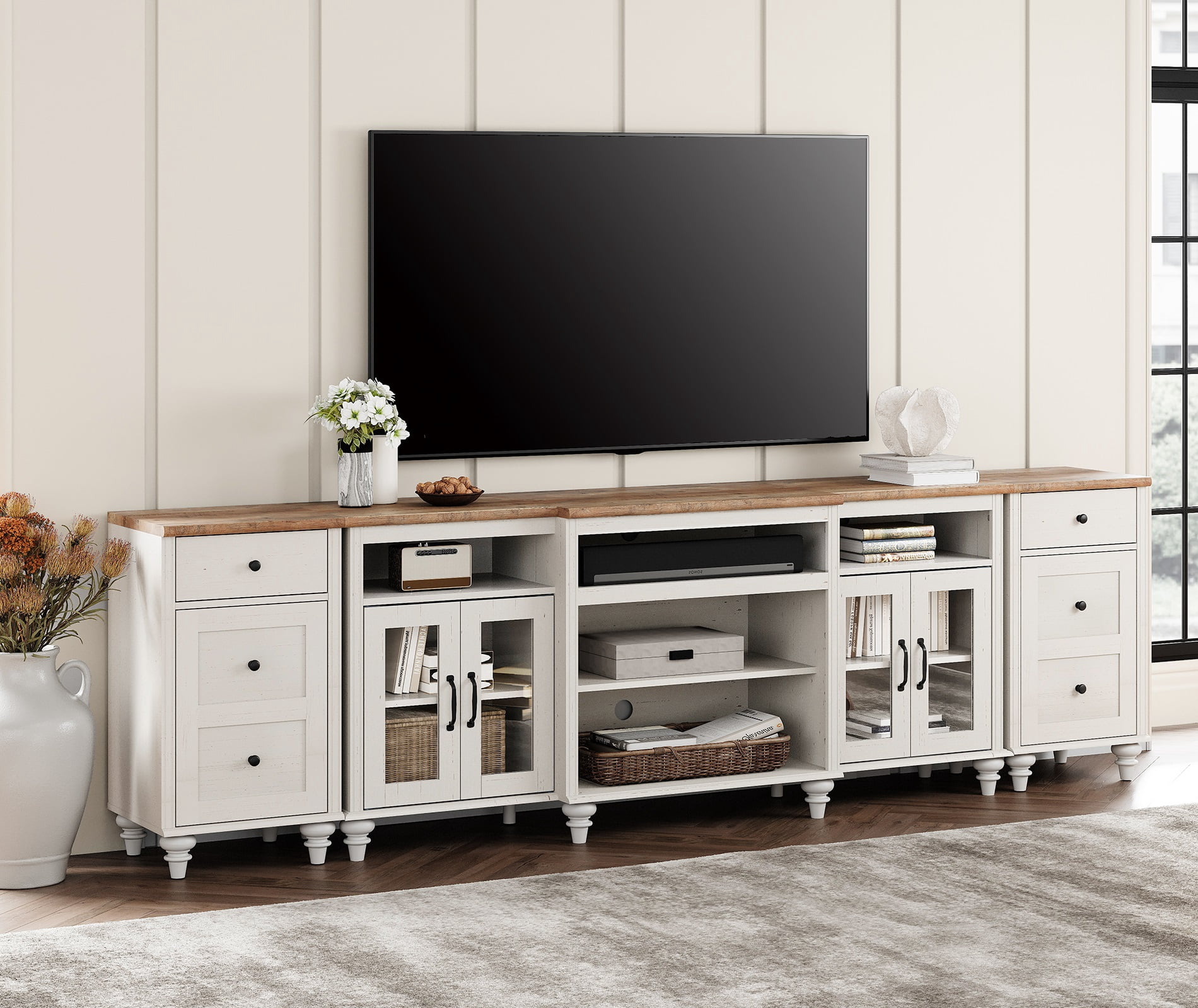 WAMPAT Large TV Stand for 100 Inch TV, TV Console Table with Charging Station for Living Room, Off White