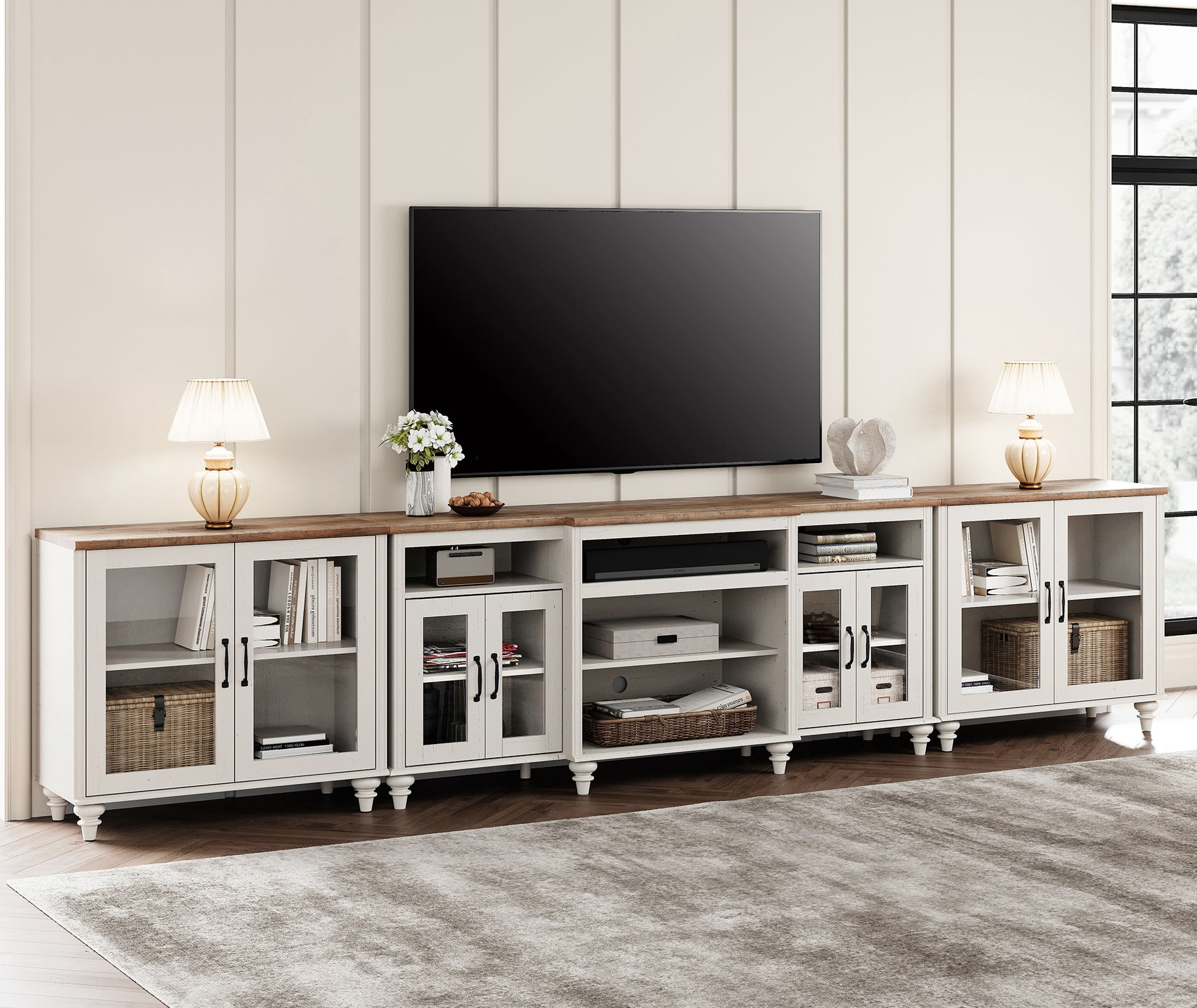 WAMPAT Large TV Stand for 100 Inch TV, TV Console Table with Glass Door Cabinet for Living Room, Off White