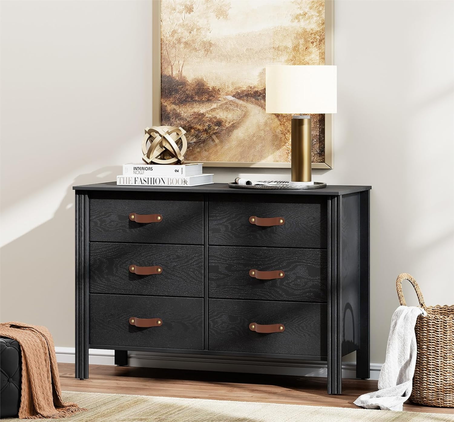 WAMPAT Long Black Dresser for Bedroom Wood Dresser with 6 Drawers and Unique Leather Handles Kids Dressers Chest of Drawers Classic Storage