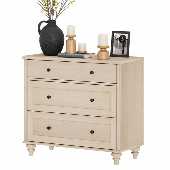 WAMPAT Mid Century Beige Dresser, 3 Wide Drawers Wooden Storage Chest for Home